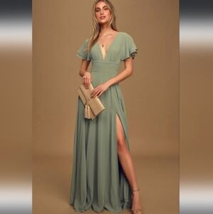 Lulu's Promise Of Love Sage Brush Flutter Sleeve Maxi Dress